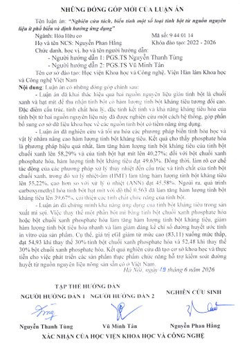 Thông tin tóm tắt về những đóng góp mới của luận án tiến sĩ: Nghiên cứu tách, biến tính một số loại tinh bột từ nguồn nguyên liệu ít phổ biến và định hướng ứng dụng.