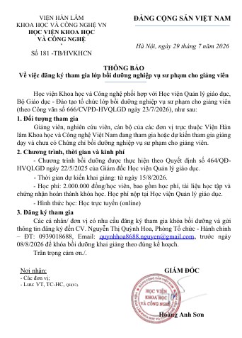THÔNG BÁO: Về việc đăng ký tham gia lớp bồi dưỡng nghiệp vụ sư phạm cho giảng viên.