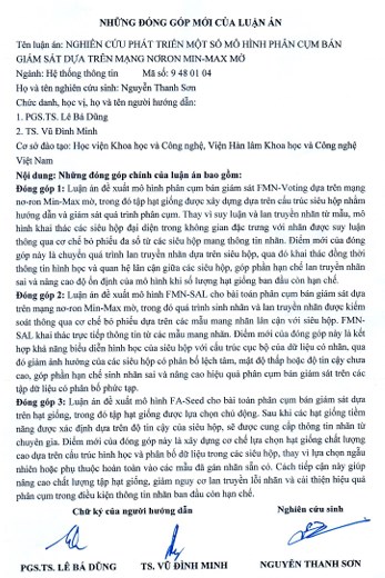 Thông tin tóm tắt về những đóng góp mới của luận án tiến sĩ: Nghiên cứu phát triển một số mô hình phân cụm bán giám sát dựa trên mạng nơron min-max mờ.