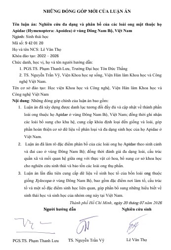 Thông tin tóm tắt về những đóng góp mới của luận án tiến sĩ: Nghiên cứu đa dạng và phân bố của các loài ong mật thuộc họ Apidae (Hymenoptera: Apoidea) ở vùng Đông Nam Bộ, Việt Nam.