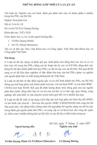 Thông tin tóm tắt về những đóng góp mới của luận án tiến sĩ: Nghiên cứu mô hình, đánh giá phân tích một số thành phần ô nhiễm trong bụi PM 2.5 tại Hà Nội.
