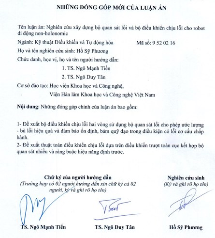 Thông tin tóm tắt về những đóng góp mới của luận án tiến sĩ: Nghiên cứu xây dựng bộ quan sát lỗi và bộ điều khiển chịu lỗi cho robot di động non-holonomic