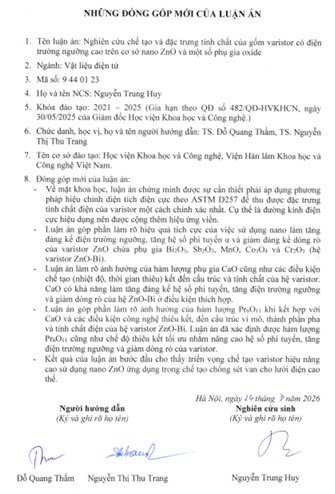Thông tin tóm tắt về những đóng góp mới của luận án tiến sĩ: Nghiên cứu chế tạo và đặc trưng tính chất của gốm varistor có điện trường ngưỡng cao trên cơ sở nano ZnO và một số phụ gia oxide.