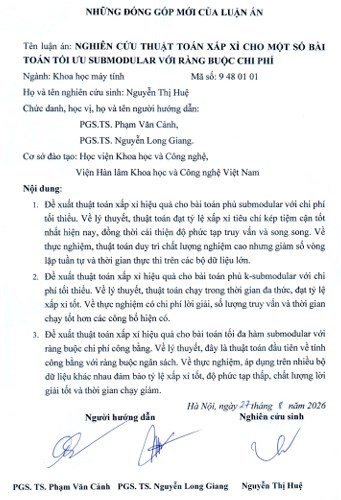 Thông tin tóm tắt về những đóng góp mới của luận án tiến sĩ: nghiên cứu thuật toán xấp xỉ cho một số bài toán tối ưu submodular với ràng buộc chi phí.