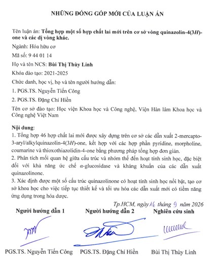 Thông tin tóm tắt về những đóng góp mới của luận án tiến sĩ: Tổng hợp một số hợp chất lai mới trên cơ sở vòng quinazolin-4(3H)-one và các dị vòng khác.