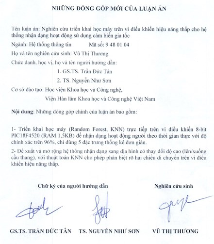 Thông tin tóm tắt về những đóng góp mới của luận án tiến sĩ: Nghiên cứu triển khai học máy trên vi điều khiển hiệu năng thấp cho hệ thống nhận dạng hoạt động sử dụng cảm biến gia tốc.