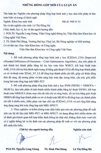Thông tin tóm tắt về những đóng góp mới của luận án tiến sĩ: Nghiên cứu phương pháp tổng hợp hình ảnh y học dựa trên phân rã bảo toàn biên và trọng số thích nghi.