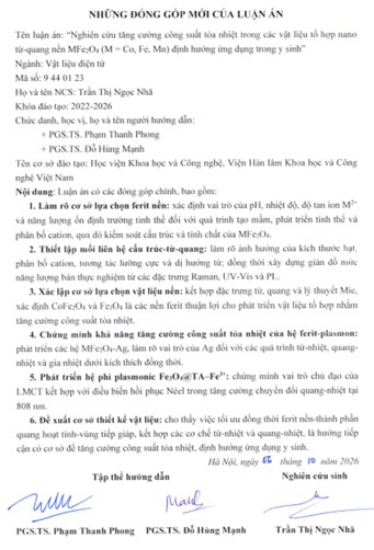 Thông tin tóm tắt về những đóng góp mới của luận án tiến sĩ: Nghiên cứu tăng cường công suất tỏa nhiệt trong các vật liệu tổ hợp nano từ-quang nền MFe 2 O 4 (M = Co, Fe, Mn) định hướng ứng dụng trong y sinh.